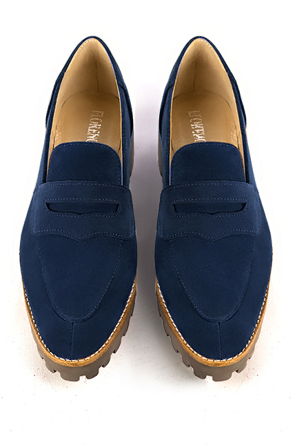 Navy blue women's casual loafers. Round toe. Low rubber soles. Top view - Florence KOOIJMAN